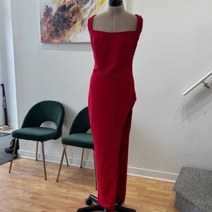 Red Square-Neck Maxi Dress with Side Slit